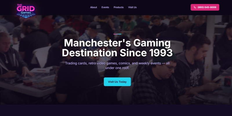 The Grid Games website screenshot showing hero section with Manchester's Gaming Destination Since 1993 tagline over a packed gaming event